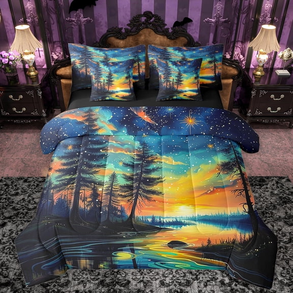 Manfei Watercolor Sky 7pcs Bedding Comforter Set,Starry Night Queen Bedding Sets,Modern Aesthetic Art Queen Sheet Sets For Kids,Luxury Bedroom Decor Reversible