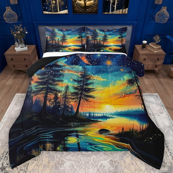 Manfei Watercolor Sky Queen Comforter Set,Starry Night Bedding Sets,Modern Aesthetic Art Bedding Comforter Set For Kids,Luxury Bedroom Decor Reversible,3-Piece
