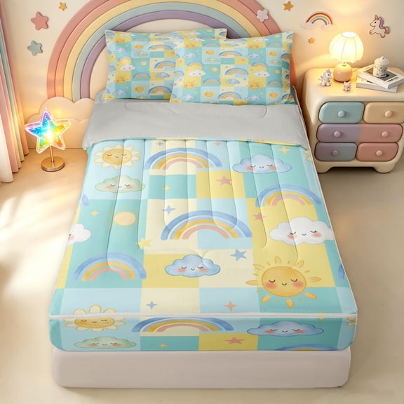 Manfei Watercolor Sky Zipper Twin Comforter Sets with Fitted Sheet and 2 Pillowcases, Patchwork Cloud Zipper Bedding Set, Cyan Yellow, Gray Reversible, 4pcs