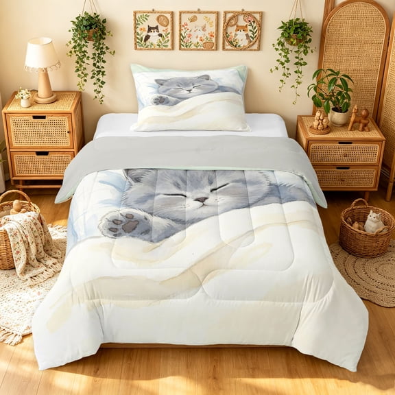 Manfei Watercolor Sleep Kitten Twin Comforter Sets, Kawaii Pet Bedding Set, Cream Green Blue, Gray Reversible, 2 Pieces, 1 Comforter and 1 Pillowcase