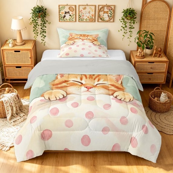 Manfei Watercolor Sleeping Kitten Twin Comforter Sets, Cute Cat Art Bedding Set, Cream Pink Green, Gray Reversible, 2 Pieces, 1 Comforter and 1 Pillowcase