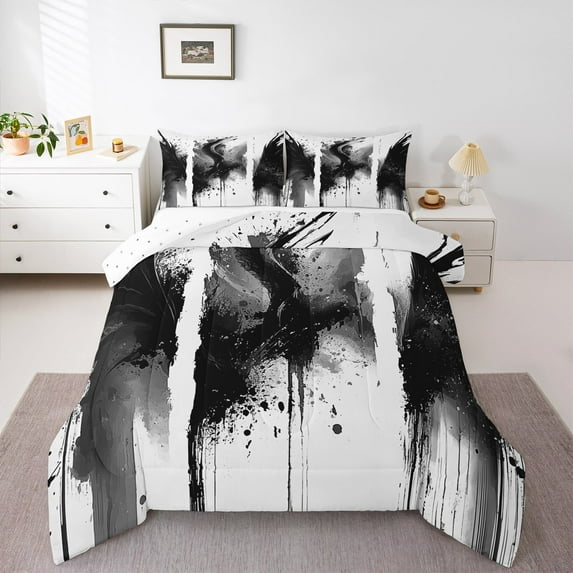 Manfei Watercolor Splash 3-Piece Full Size Comforter Sets,Abstract Artwork Bedding Comforter Set,Black White Bedding Sets,Lightweight Graffiti Bedroom Decoration,Reversible