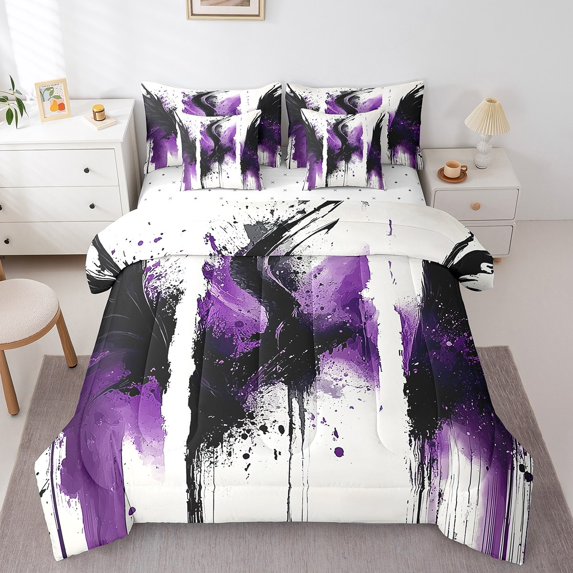 Manfei Watercolor Splash 7-Piece Twin Bedding Sets,Abstract Artwork Bedding Comforter Set,Purple White Breathable Sheet Sets,Lightweight Graffiti Bedroom Decoration,Reversible