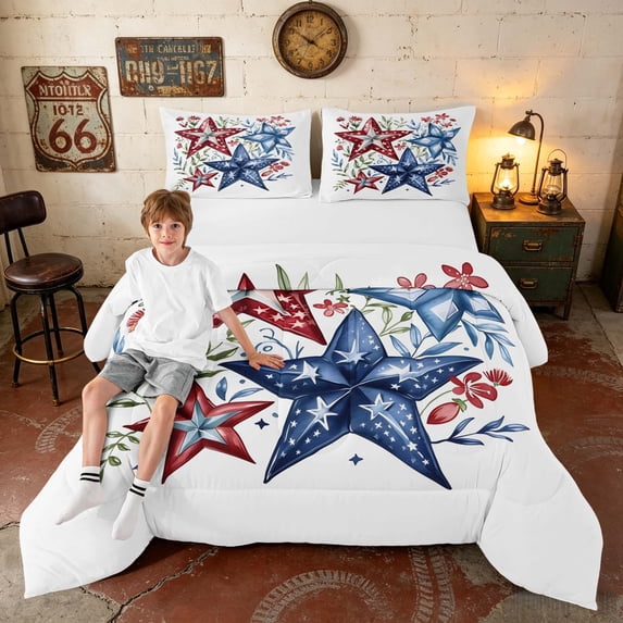 Manfei Watercolor Star Floral Queen Comforter Set, Blue Red White Comforter Sets Queen, Black Reversible 3 Pieces, 1 Comforter and 2 Pillowcases