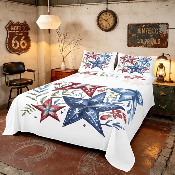 Manfei Watercolor Star Floral Queen Sheets, Blue Red White Queen Sheet Sets, Black Reversible 4 Pieces (1 Flat Sheet, 1 Fitted Sheet and 2 Pillowcases)
