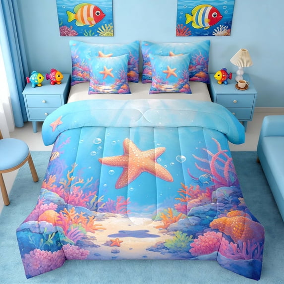 Manfei Watercolor Starfish Coral Fish Underwater Bedding Comforter Set for Kids Boys and Girls, Ocean Marine Life Print King Bedding Sets, Gray Reversible 7 Pieces