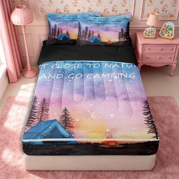 Manfei Watercolor Starry Camping Pattern Zipper Full Size Comforter Sets with Fitted Sheet and 2 Pillowcases,Forest Night Tent Print Zipper Bedding Set,Blue Purple,Reversible