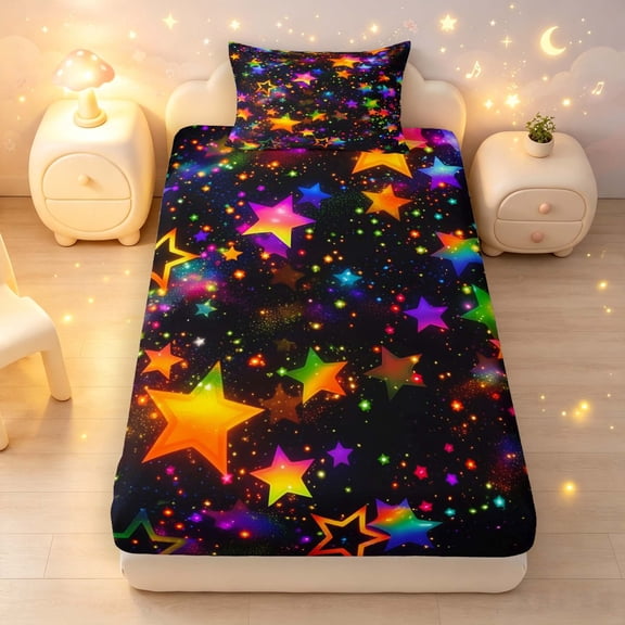 Manfei Watercolor Stars Fitted Sheet Full,Cute Cartoon Themed Bed Set,Multicolor,3pcs