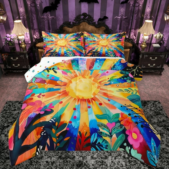 Manfei Watercolor Striped Lines Full Size Comforter Sets,Boho bohemian Style Bedding Comforter Set,Rustic Plant Flower Bedding Sets For Girl,Breathable Home Decor Reversible,3pcs