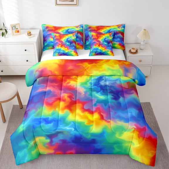 Manfei Watercolor Tie Dye 7-Piece Bedding Comforter Set,Modern Aesthetic Art King Bedding Sets,Yellow Blue Orange Bed Sheets For Child,Super Cozy Room Decor