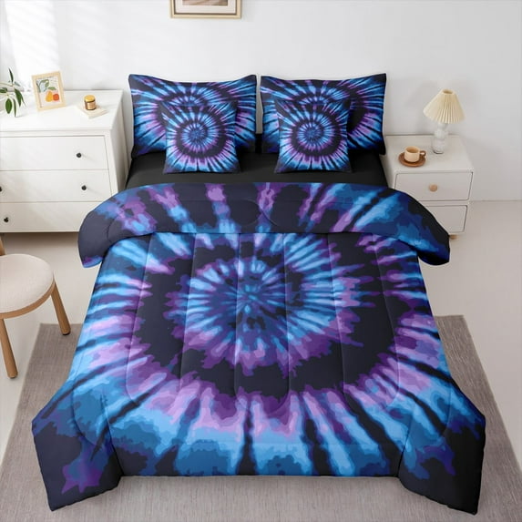 Manfei Watercolor Tie-Dye 7-Piece Twin Bedding Sets,Purple Blue Ombre Bedding Comforter Set,Abstract Splash Sheet Sets For Kids,Ultra Soft Home Decor Reversible