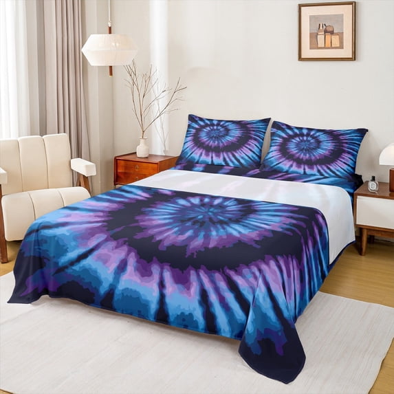 Manfei Watercolor Tie-Dye Full Size Sheets,Purple Blue Ombre Bed Sheets,Abstract Splash Sheet Sets For Kids,Ultra Soft Home Decor,4 Pieces