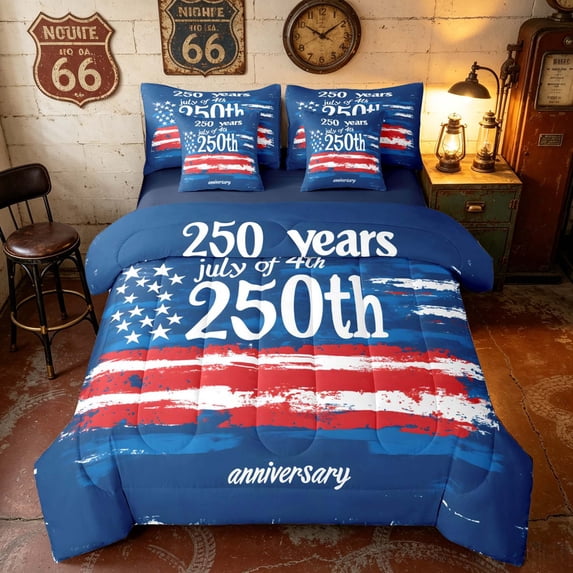 Manfei Watercolor US Flag Twin Bedding, 250th Anniversary Bedding Comforter Set, Blue Red White, Navy Reversible 7-Piece