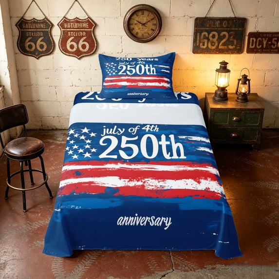 Manfei Watercolor US Flag Twin Sheets, 250th Anniversary Bedding, Blue Red White, Navy Reversible 3-Piece (1 Flat Sheet, 1 Fitted Sheet and 1 Pillowcase)