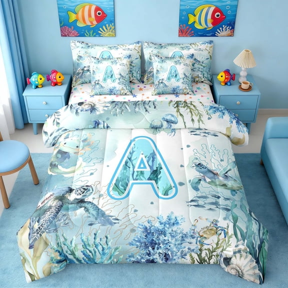 Manfei Watercolor Underwater Letter A Axolotl Sea Turtle Twin Bedding Sets for Kids Boys and Girls, Nautical Alphabet Print Bedding Comforter Set, Stars Reversible 7pcs