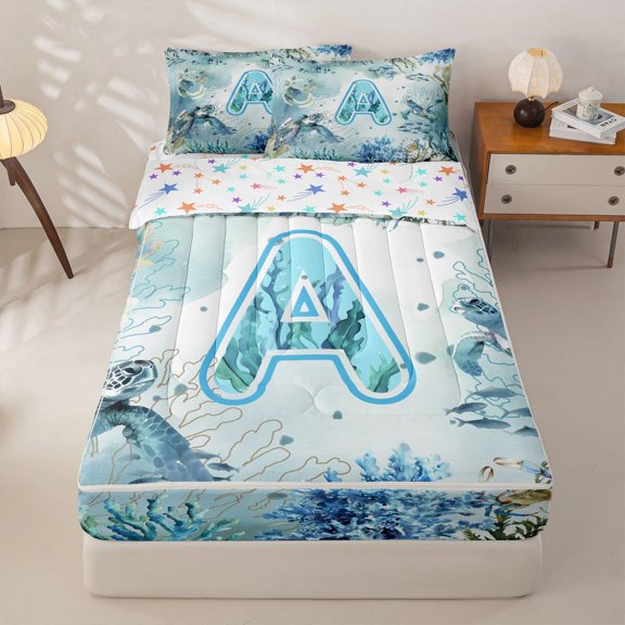 Manfei Watercolor Underwater Letter A Axolotl Sea Turtle Zipper Twin Comforter Sets with Fitted Sheet and 2 Pillowcases, Nautical Alphabet Print Zipper Bedding Set, Stars Reversible, 4 Pieces