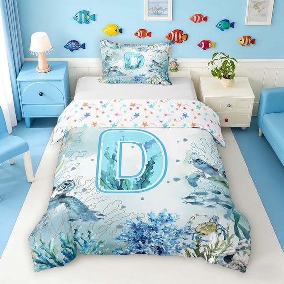 Manfei Watercolor Underwater Letter D Axolotl Sea Turtle Twin Bedding for Kids Boys and Girls, Nautical Alphabet Print Duvet Cover Set, Stars Reversible 2pcs, 1 Duvet Cover and 1 Pillowcase