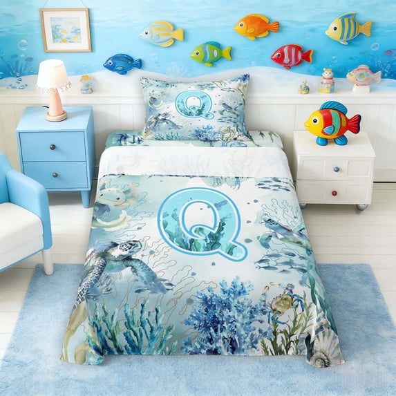 Manfei Watercolor Underwater Letter Q Axolotl Sea Turtle Twin Sheet Sets for Kids Boys and Girls, Nautical Alphabet Print Bedding 3-Piece, 1 Flat Sheet, 1 Fitted Sheet and 1 Pillowcase