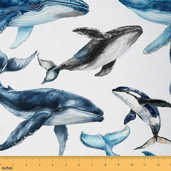 Manfei Watercolor Whale Fabric by the Yard (1 Yard), Ocean Fish Decorative Fabric by the Yard, Sea Wildlife Animal Sewing & Crafting Fabric