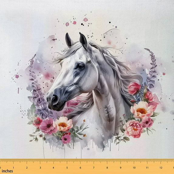 Manfei Watercolor White Horse Sewing & Crafting Fabric (1 Yard), Chic Floral Flower Home Decor Fabric by the Yard, Farmhouse Animal DIY Fabric