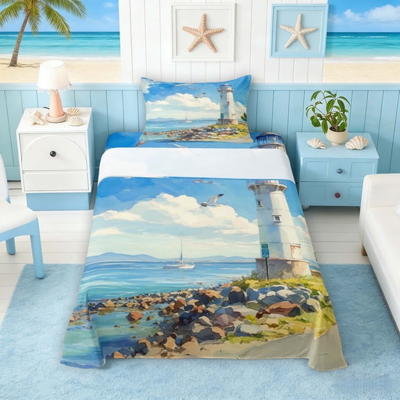 Manfei Watercolor White Lighthouse Twin Sheet Sets for Kids Boys and Girls, Nautical Coastal Print Bedding 3-Piece, 1 Flat Sheet, 1 Fitted Sheet and 1 Pillowcase