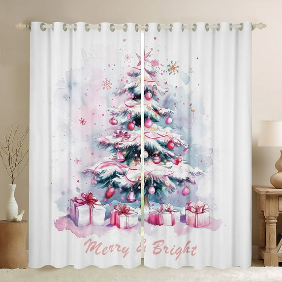 Manfei Watercolor Xmas Tree Curtains Pack of 2 (42x84 Each) for Child, Pink Winter Christmas Curtains Blackout, Santa Claus Gifts Bedroom Curtains, Living Room Curtains Decor