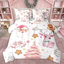 Manfei Watercolor Xmas Tree Twin Bedding Sets 7-Piece for Kids, Kawaii Pink Reindeer Bedding Comforter Set, Funny Santa Claus Reversible Sheet Sets, Microfiber Bedroom Decor