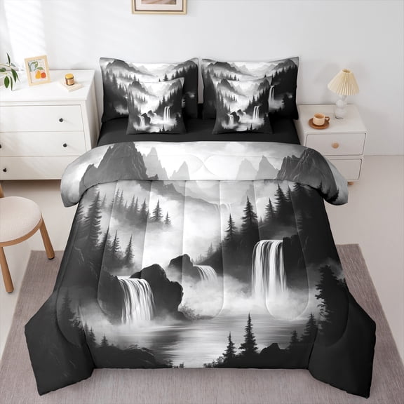 Manfei Waterfull 7-Piece Twin Bedding Sets,Natural Landscape 7 Pieces Bedding Comforter Set,Tropical Plant Pine Tree Sheet Sets For Adult,Luxury Bedroom Decor Reversible