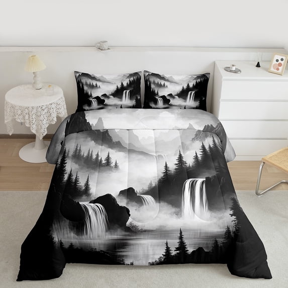 Manfei Waterfull Queen Comforter Set,Natural Landscape Bedding Sets,Tropical Plant Pine Tree Bedding Comforter Set For Adult,Luxury Bedroom Decor Reversible,3-Piece