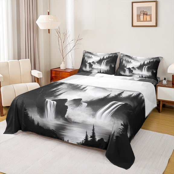 Manfei Waterfull Twin Sheet Sets,Natural Landscape Twin Fitted Sheet,Tropical Plant Pine Tree Flat Sheet For Adult,Luxury Bedroom Decor,3 Pieces