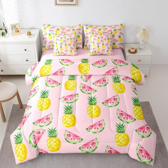 Manfei Watermelon Print Twin Bedding Sets 7-Piece for Kid, Pink Yummy Fruit Bedding Comforter Set, Kawaii Cartoon Pineapple Reversible Sheet Sets, Lightweight Room Decor