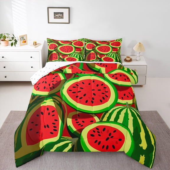 Manfei Watermelon Queen Comforter Set,Cartoon Watermelons Bedding Sets,Green Red Bedding Comforter Set For Child,Ultra Soft Home Decor Reversible,3 Pieces