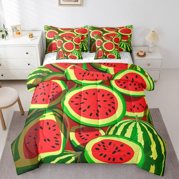 Manfei Watermelon Twin Bedding Sets 7-Piece,Cartoon Watermelons Bedding Comforter Set,Green Red Sheet Sets For Child,Ultra Soft Home Decor,Reversible