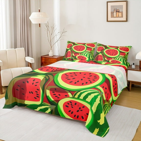 Manfei Watermelon Twin Sheet Sets,Cartoon Watermelons Twin Fitted Sheet,Green Red Flat Sheet For Child,Ultra Soft Home Decor,3pcs