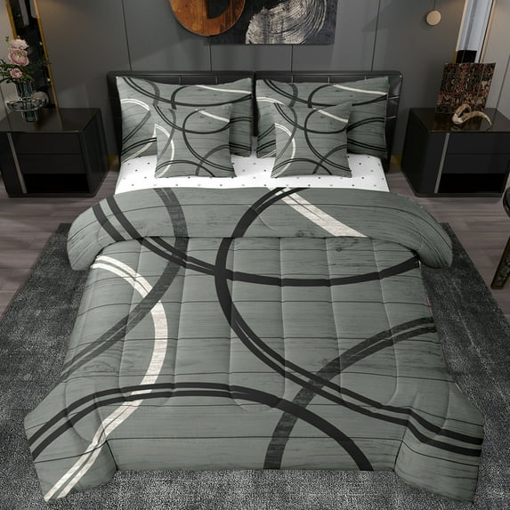 Manfei Waves Stripes Lines 7pcs Bedding Comforter Set,Modern Geometric Queen Bedding Sets,Gray Black Queen Sheet Sets For Boys Girls,Breathable Home Decor Reversible