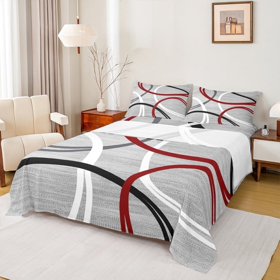 Manfei Waves Stripes Lines Bed Sheets,Modern Geometric King Sheets,Red White Gray Sheet Set For Boys Girls,Breathable Home Decor,4-Piece