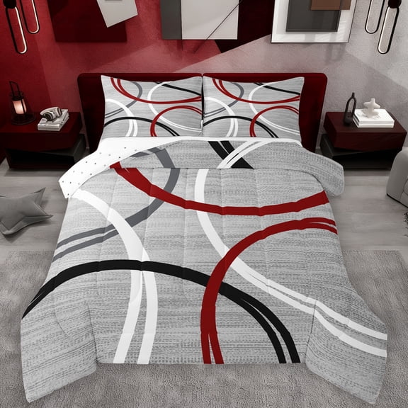 Manfei Waves Stripes Lines Bedding Comforter Set,Modern Geometric Twin Comforter Sets,Red White Gray Bedding Set For Boys Girls,Breathable Home Decor Reversible,2-Piece