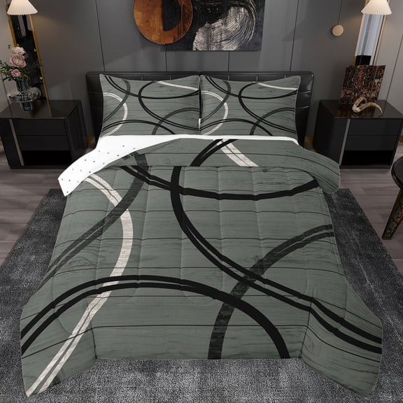 Manfei Waves Stripes Lines Full Size Comforter Sets,Modern Geometric Bedding Comforter Set,Gray Black Bedding Sets For Boys Girls,Breathable Home Decor Reversible,3pcs