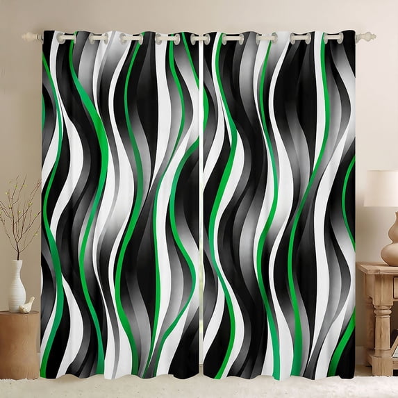 Manfei Wavy Stripe Blackout Curtains,, Green Black White Curtains Pack of 2 (42x84 Each)