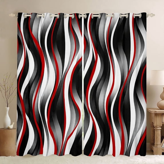 Manfei Wavy Stripe Blackout Curtains Set of 2 (52x84 Each), , Red Black White Curtain