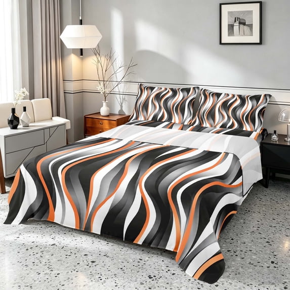 Manfei Wavy Stripe Queen Sheets,, Orange Black White Queen Sheet Sets, Black Reversible 4-Piece1 Flat Sheet + 1 Fitted Sheet + 2 Pillowcases
