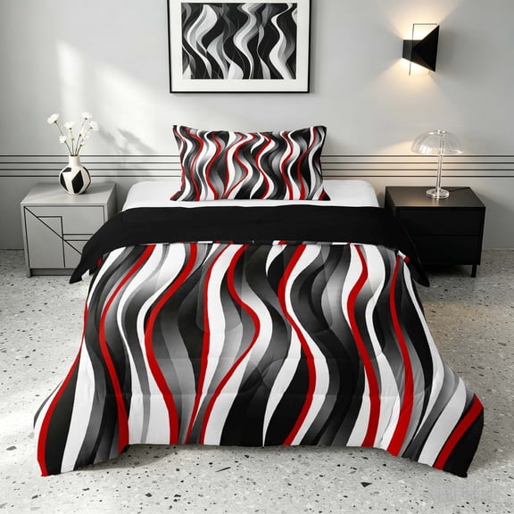Manfei Wavy Stripe Twin Comforter Sets, , Red Black White Bedding Set, Black Reversible 2 Pieces, 1 Comforter and 1 Pillowcase