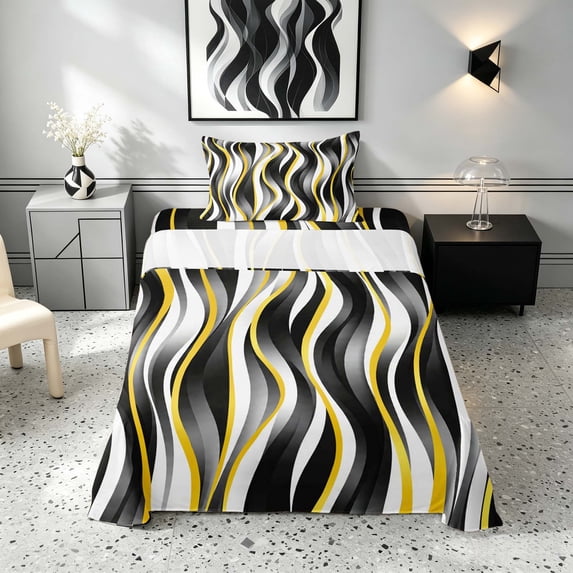 Manfei Wavy Stripe Twin Sheets,, Gold Black White Bedding, Black Reversible 3pcs1 Flat Sheet + 1 Fitted Sheet + 1 Pillowcase