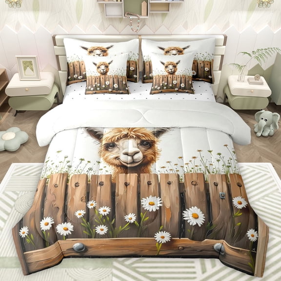Manfei Western Alpaca Child Bedding Comforter Set 7pcs, Rustic Farmhouse Animal Queen Bedding Sets, Groovy Daisy Floral Reversible Queen Sheet Sets, Luxury Bedroom Decor