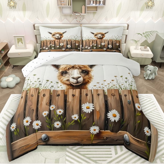 Manfei Western Alpaca Child Queen Comforter Set, Rustic Farmhouse Animal Bedding Sets, Groovy Daisy Floral Reversible Bedding Comforter Set, Luxury Bedroom Decor, 3 Pieces