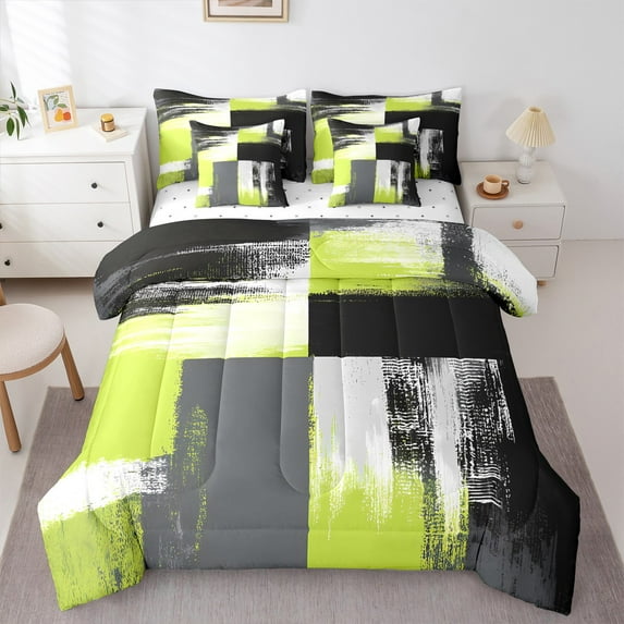 Manfei Western Artwork Bedding Comforter Set 7-Piece for Adult, Vintage Oil Printing King Bedding Sets, Green Grey Watercolor Reversible Bed Sheets, Super Cozy Room Decor