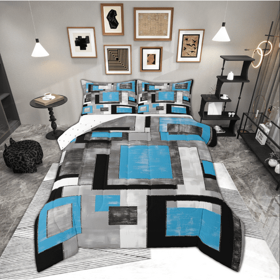 Manfei Western Artwork Full Size Comforter Sets for Adult, Vintage Oil Printing Bedding Comforter Set, Blue Grey Watercolor Reversible Bedding Sets, Lightweight Room Decor, 3-Piece