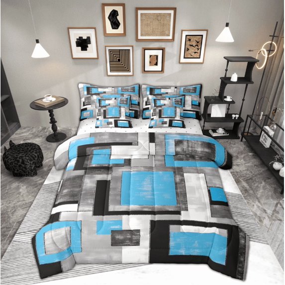 Manfei Western Artwork Twin Bedding Sets 7-Piece for Adult, Vintage Oil Printing Bedding Comforter Set, Blue Grey Watercolor Reversible Sheet Sets, Lightweight Room Decor