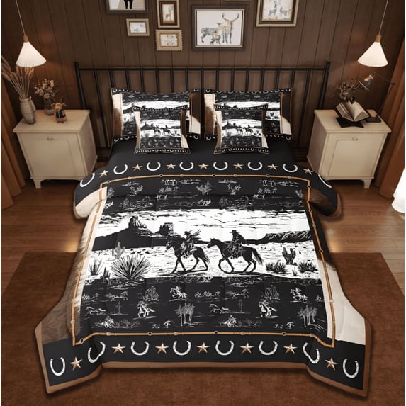 Manfei Western Aztec 7pcs Bedding Comforter Set,Horse Cowboy Rustic Wild Animal Queen Bedding Sets For Men Women Reversible