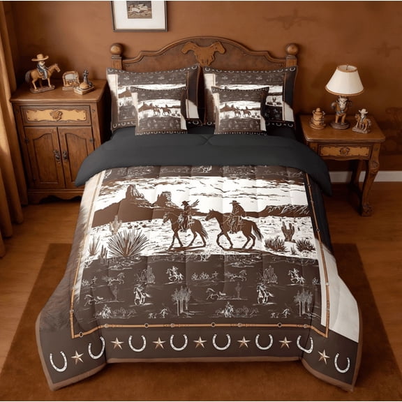 Manfei Western Aztec 7pcs Bedding Comforter Set,Rustic Horse Cowboy Queen Bedding Sets For Boys Men Kids,Retro Texas Star Reversible